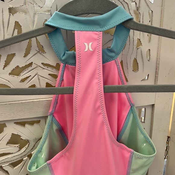 NWT Hurley X Love Shack Fancy collab. High neck, one piece zip swimsuit.Pink/blu - Picture 9 of 10